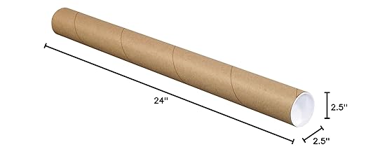 BOX USA BP2524K Mailing Tubes with Caps, 2-1/2" x 24", Kraft (Pack of 34)