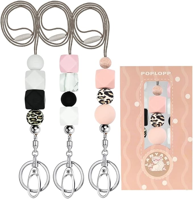 POPLOPP 3PCS Teacher Lanyards for ID Badges and Keys, Cute Silicone Beaded Lanyard for Women Nurse Employees Students