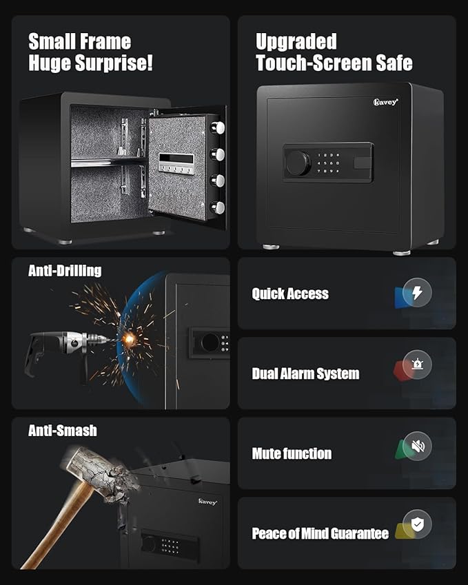 Kavey 1.6 Cub Safe Box, Home Safe with Backlit Touch Screen Keypad and Dual Alarm System, Money Safe With Mute Function and LED Light, Safe for Money Documents Valuables