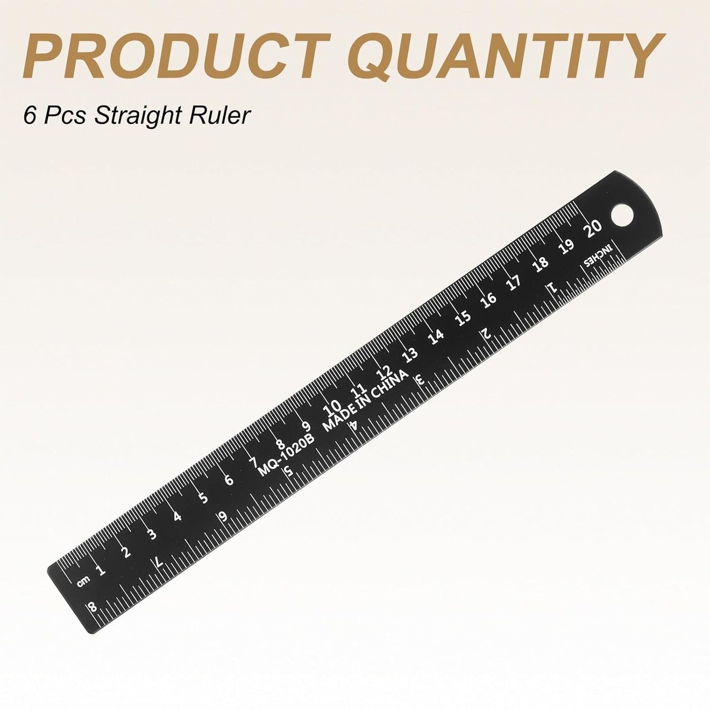 HARFINGTON 6pcs Metal Straight Ruler 20cm Metric SAE Aluminum Alloy Measuring Rulers Scale Tool with Hole for Measure Study Reading Classroom Office, Black