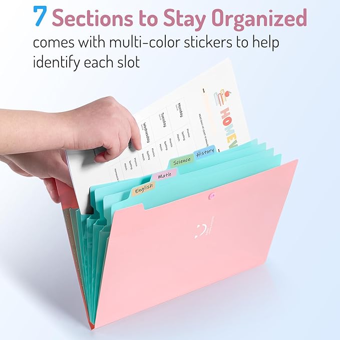Forvencer Accordion File Organizer, Letter Size, 7 Pocket Expanding File Folder, Cute File Folder with Labels, Portable File Organizer for School Office Supplies, Folders for Documents, Jade