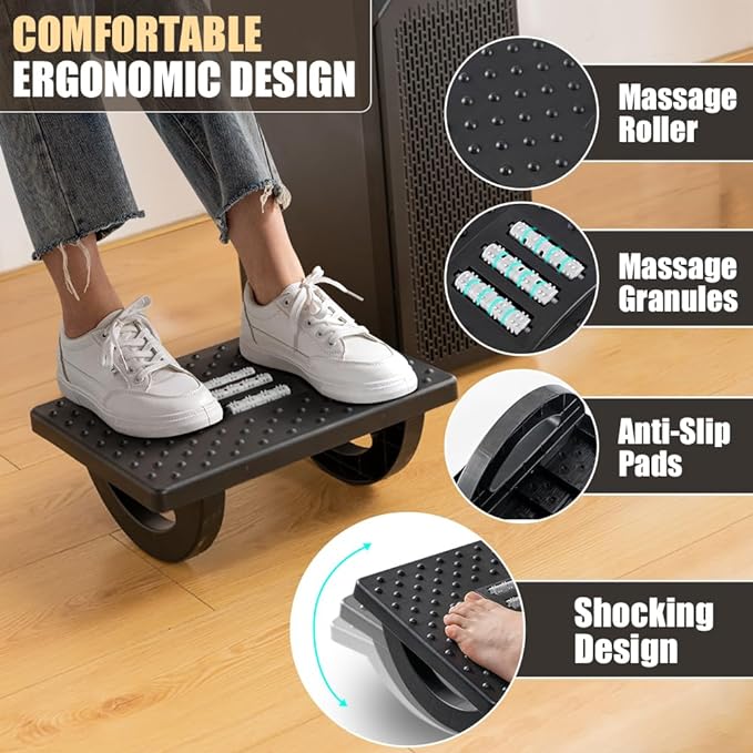 Foot Rest for Under Desk at Work - Ergonomic Foot Stools for Under Office Desk - Rocking Footrest with Roller Massager - Leg Rest for Chair, Computer Gaming - Promote Leg Circulation