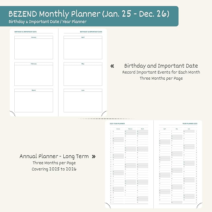 BEZEND 2 Year Pocket Calendar 2025-2026 - Small Monthly Planner for Purse 6.5" x 3.5", Runs Jan 2025 to Dec 2026, 100 GSM Paper, Pen Loop & Notes, PU Leather Hardcover in Black