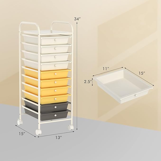 Storage Cart, Rolling Utility Cart with 10 Drawers, Portable Handles & Lockable Wheels, Mobile Paper Toys Storage Organizer Large Capacity for Home Office School Teacher (Yellow)