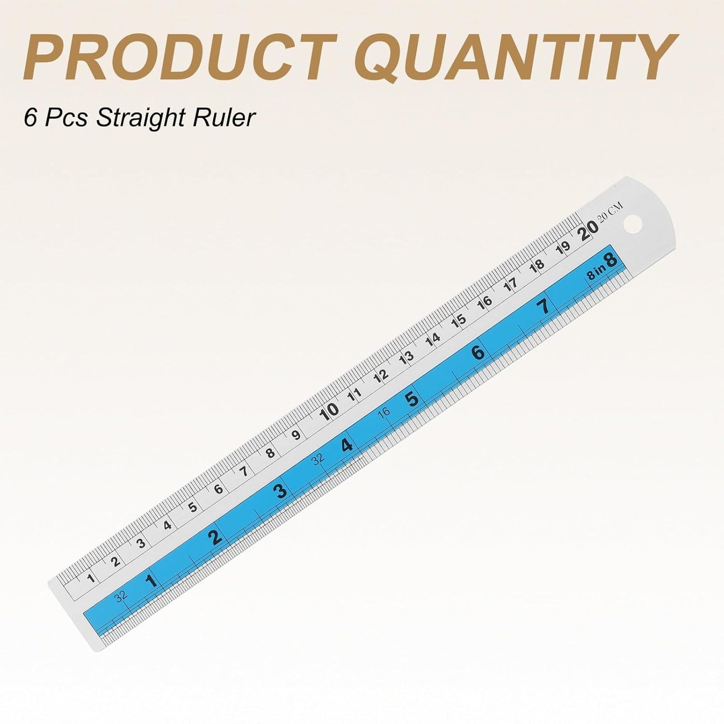 HARFINGTON 6pcs Metal Straight Ruler 20cm Metric SAE Aluminum Alloy Measuring Rulers Scale Tools with Hole for Measure Study Reading Classroom Office, Blue