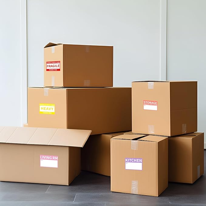 600 Pcs 2” x 3’’ Removable Home Moving Box Packing Labels for 1/2/3/4 Bedroom Rooms, 9 Designs Pre-Printed Color-Coded Moving Stickers Including Fragile 、Heavy and Blank Moving Labels for Boxes