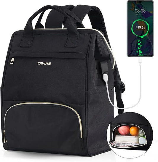 OIWAS Lunch Backpack for Women, 15.6 inch Laptop Backpack Insulated with USB Port, Work Backpack with Insulated Cooler Lunch Bag for Men Travel Work Travel Picnics Hiking, Black