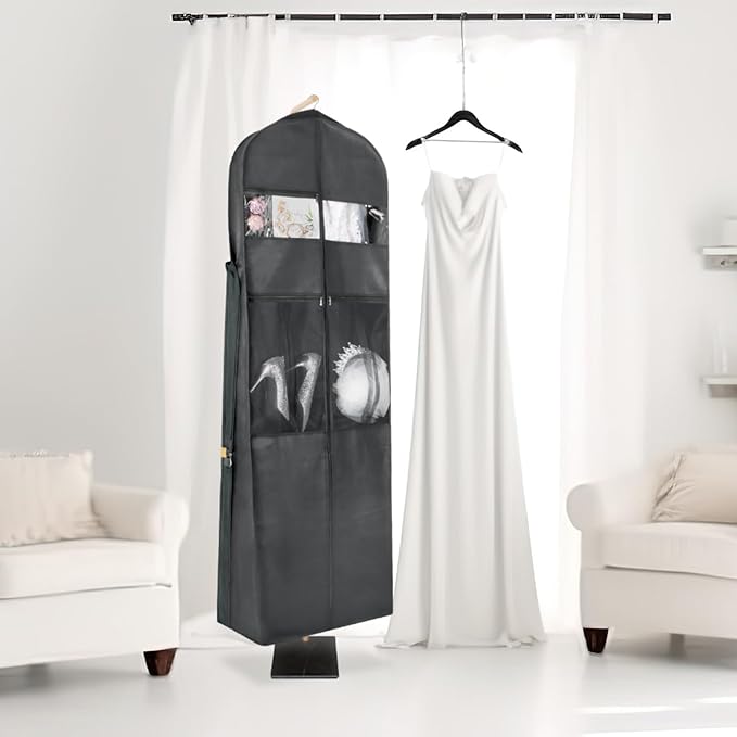 Zilink 72" Wedding Dress Garment Bag Dress Bags for Gowns Bridal Garment Bag for Dresses Long with 12”Gusseted and Accessory Pockets for Wedding Dress, Puffy Gowns [Upgraded Version], Grey