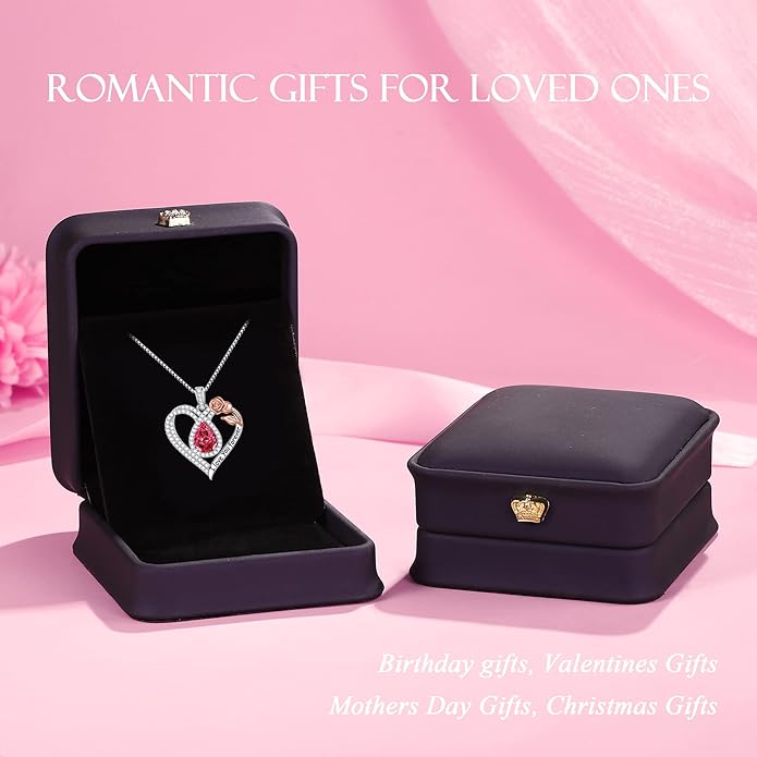 Hidepoo Christmas Gifts for Women Mom Wife - Sterling Silver Rose Heart Birthstone Necklace I Love You Forever Heart Pendant Teardrop Necklace Jewelry Anniversary Valentines Christmas Birthday Gifts