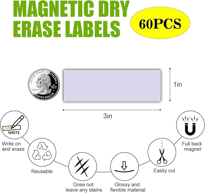 Magnetic Dry Erase Magnets Labels(1x3",Pack of 60) Reusable Name Tags,Organizing Schedules in Office/Classroom.Work on Fridge/White Board,Pastel Colors(Light Purple)