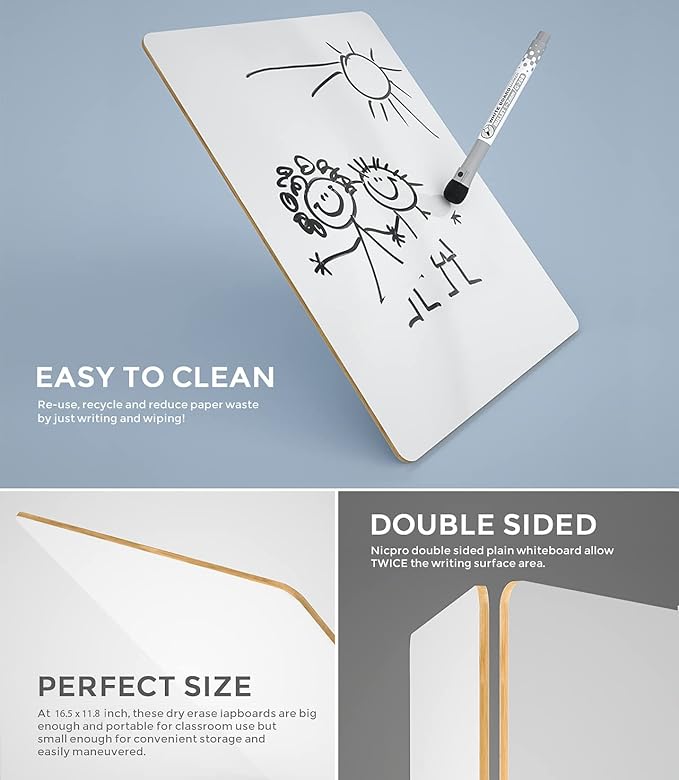 Nicpro 12 x 16 inches Lapboard Small Dry Erase Lap Board Double Sided with 3 Water-Based Pens Learning Mini Whiteboard Portable for Kid Student and Classroom Use