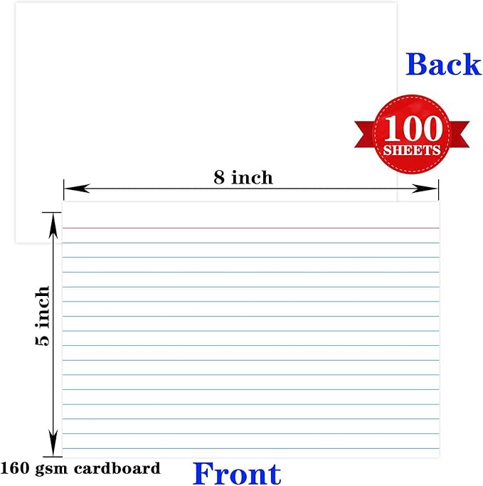 100 Pcs Index Cards 5x8 Ruled - Pinovk Flash Cards for Studying, White Index Cards, File Note Cards, Study Cards, Flash Cards, Study Cards, Lined Index Flashcards for Office and School Supplies