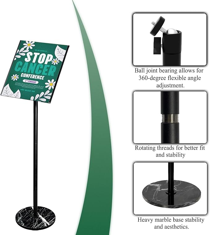 Adjustable Sign Holder 8.5 x 11, Floor Standing Sign Holder with Heavy Duty Marble Pedestal, Both Vertical & Horizontal View Sign Displayed Poster Stand for Store Business Show, 2 PACK（Round）
