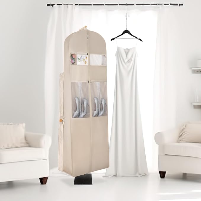 Zilink 72" Wedding Dress Garment Bag Dress Bags for Gowns Bridal Garment Bag for Long Dresses with 12”Gusseted and Accessory Pockets for Wedding Dress, Puffy Gowns [Upgraded Version], Beige