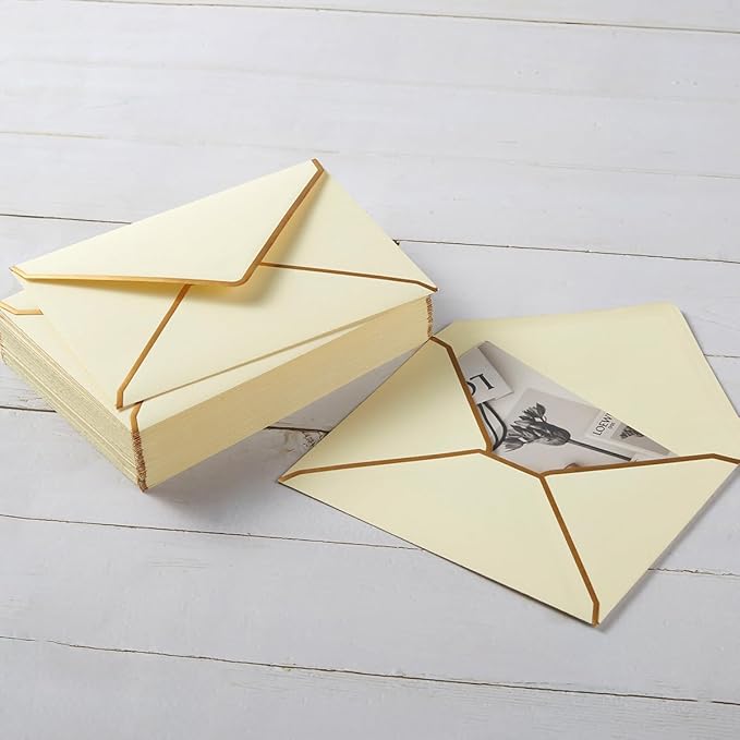 50 Pack A6 Envelopes Cream Color 4x6 Self-Adhesive V Flap Envelopes with Gold Border for Office, Greeting Card, Wedding, Graduation, Baby Shower, Parties, Invitations (Cream Color, 4.75x6.5)