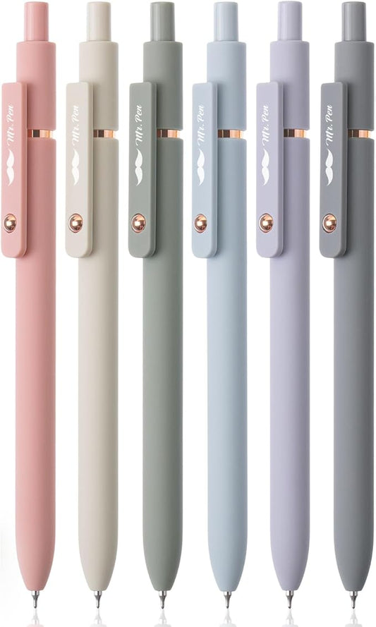 Mr. Pen- Retractable Gel Pens with Rose Gold Ring and Ball, 6 Pack, Morandi Barrels, Japanese Black Gel Pens, Fast Dry, Gel Pens Fine Point 0.5mm, Smooth Writing Aesthetic Pens for Journaling