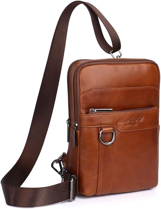 Hebetag Small Leather Sling Shoulder Bag Messenger Pack for Men Women Outdoor Travel Business