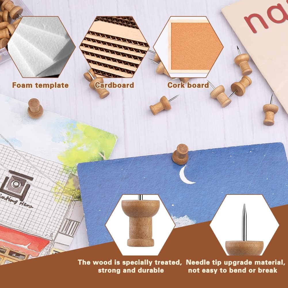 50 Pcs Wooden Push Pins, Decorative Thumb Tacks, Push Pins for Cork Board Head Pin Wood Map Tacks Marking Pin, Wood Thumb Tacks Decorative for Bulletin Boards Craft Projects with Storage Box, Coffee