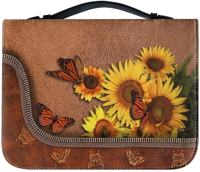Lotusorchid Butterfly Bible Bags, Sunflower Faux Leather Bible Covers with Handle Pockets for Women, Portable Sturdy Bible Bag for Girls Ages 8-12, Christian Bible Study Accessories, Brown,M