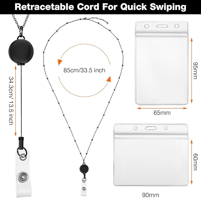 Outus 2 Pieces Badge Lanyard with ID Holders Stainless Steel Badge Holders Necklace Retractable Reel Clip Chain Water Resistant Name(Rose Gold, Black)