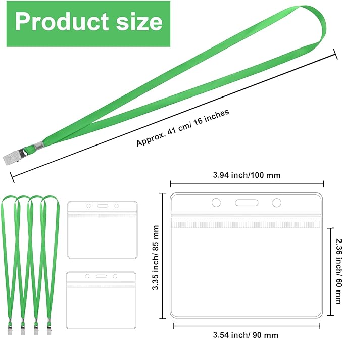 100 Pcs Lanyards for ID Badges and 100 Pcs Clear Name Tag Holders Reusable Lanyard with Clip Plastic ID Card Badge Holder Name Badges for Adults Kids Business School Office Supplies (Green)