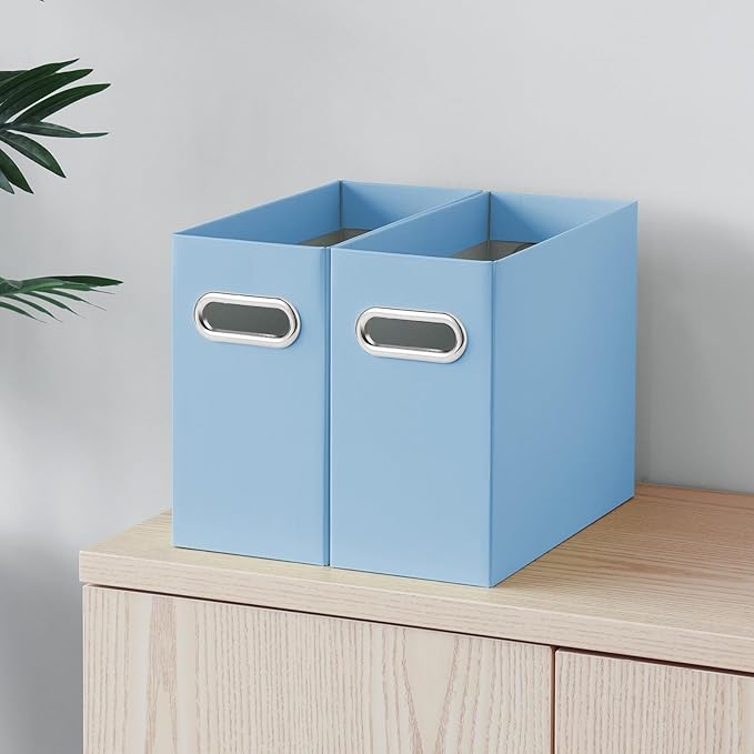 Oterri File Organizer, Small Storage Box, Cardboard File Folder Organizer, Collapsible File Box, Hanging File Organizer for Letter Size, Portable File Box with Handle, Only Box (Blue, 4 Packs)