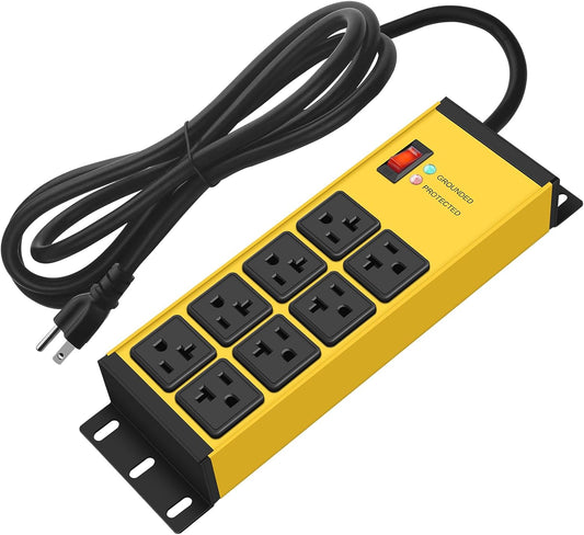 CCCEI Magnetic Heavy Duty Power Strip Surge Protector 20Amp, 12 Gauge High Amp Extension Outlets, Garage Wall Mount 8 Plug Metal Power Strip. 6FT, Yellow, 5-15P Adapter 6-20R T-Slot 20a for Appliance