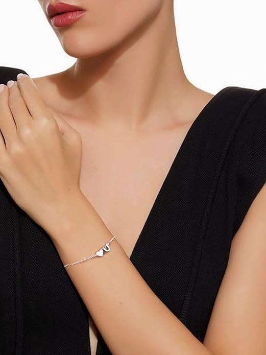 Silvora 925 Sterling Silver Dainty Initial Bracelet with Heart - 6.3" + 2" Adjustable Personalized 26 Letter Bracelet Jewelry Heart Bracelet for Women