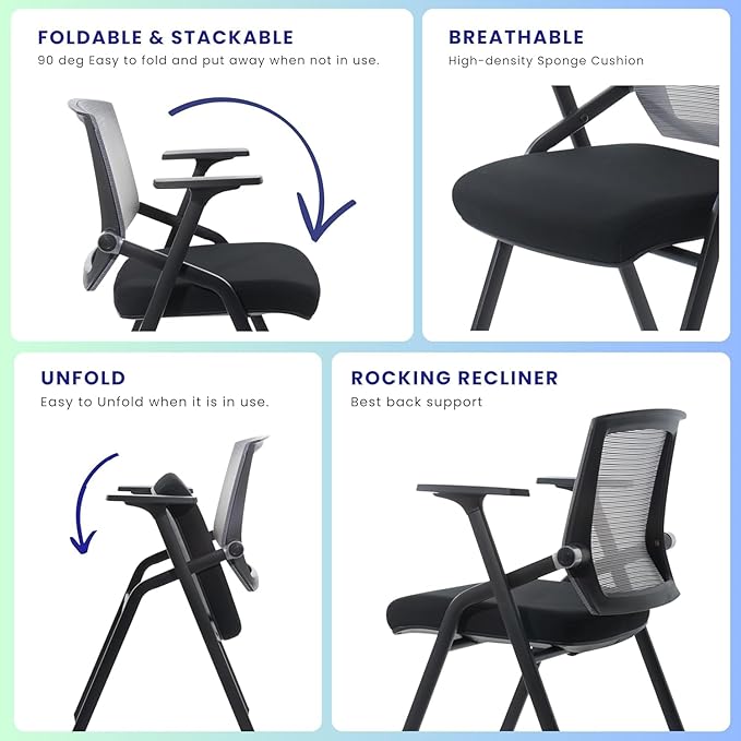 10 Pack Foldable Office Chair with PU Wheels and Sliding Armrest-Ergonomic Mesh Bouncing Back, Stackable Conference Room Chair, Office Guest & Reception & Meeting Chair (Black)