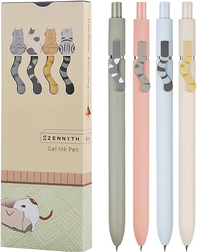 UIXJODO Cat Pens, 4 Pcs 0.5mm Cute Kawaii Pens Black Ink Pens Fine Point Smooth Writing Pens, High-End Series Cat's Tail Retractable Pens for Journaling Note Taking (4 Pcs Cat)