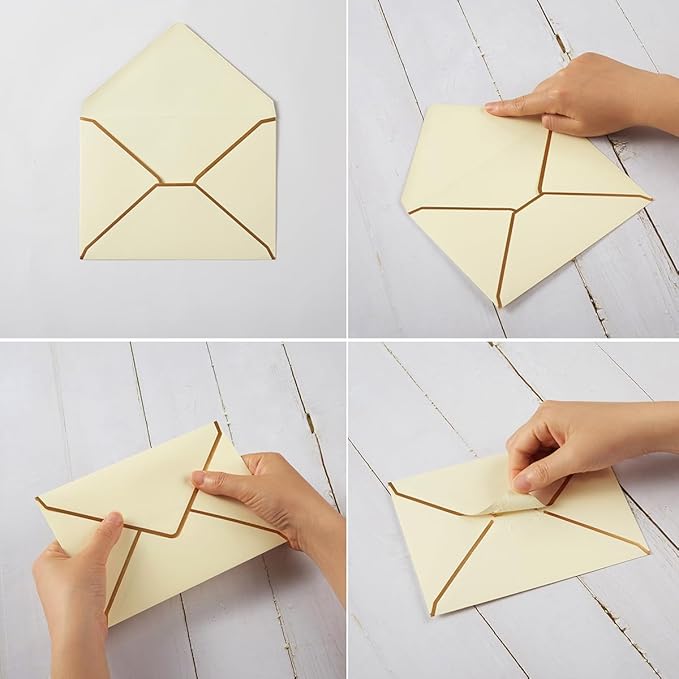 50 Pack A6 Envelopes Cream Color 4x6 Self-Adhesive V Flap Envelopes with Gold Border for Office, Greeting Card, Wedding, Graduation, Baby Shower, Parties, Invitations (Cream Color, 4.75x6.5)