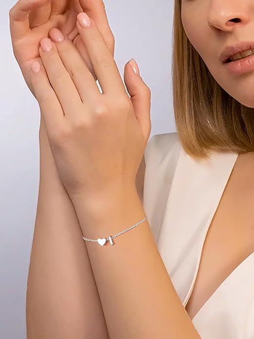 Silvora 925 Sterling Silver Dainty Initial Bracelet with Heart - 6.3" + 2" Adjustable Personalized 26 Letter Bracelet Jewelry Heart Bracelet for Women