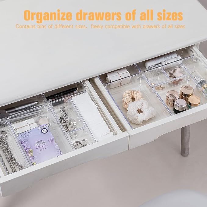 Drawer Organizer, Makeup Organizer, Desk Drawer Organizer, Acrylic Storage Bins for Makeup, Skincare, Jewelry, Office Supplies Used in Vanity, Kitchen, Bedroom, Bathroom, Office - 15pcs