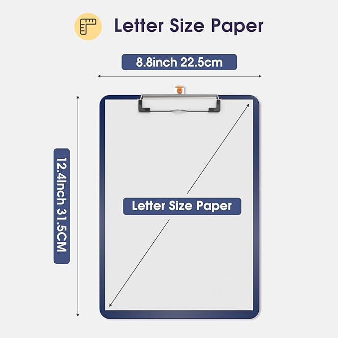Plastic Clipboards, A4 Blue Clip Board 8.5x11 for Classroom, Students, Kid, Woman, Size 9" x 12.5" with Low Profile Clip, Office & School Supply