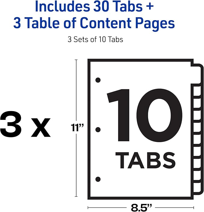 Avery 10 Tab Dividers for 3 Ring Binders, Customizable Table of Contents, Multicolor Tabs, 3 Sets (11072)