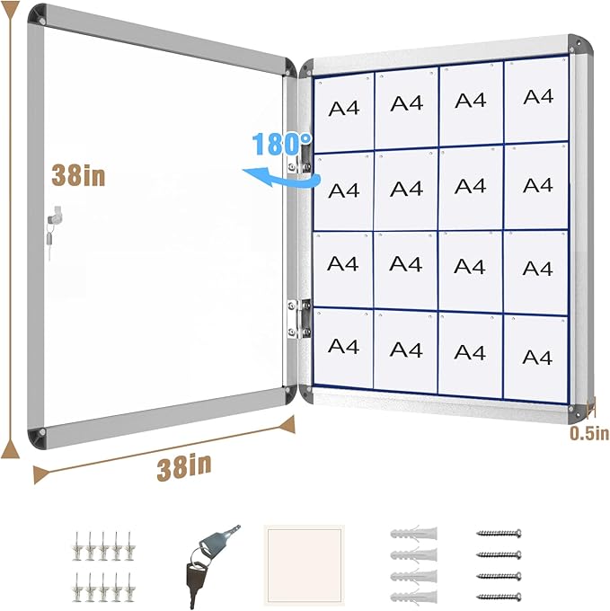 38"x38" Enclosed Bulletin Board, Lockable Weather-Resistant Aluminum Cork Noticeboard for School & Office, Silver Frame w/Blue Flet