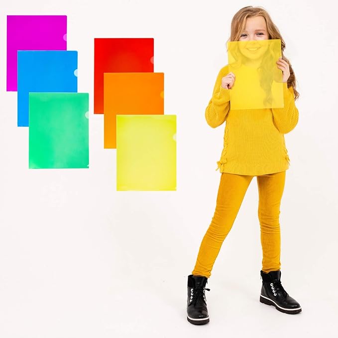 Dunwell Clear Plastic Folder Sleeves (6 Pack, Assorted Colors), Transparent Project Folders, Acid-Free Poly Sleeves, File Jackets for Letter Size Paper, Plastic L-Sleeves for 8.5x11 Documents