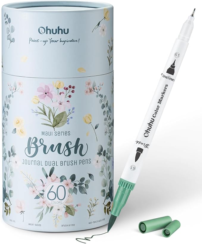 Ohuhu Markers for Adult Coloring Books No Bleeding 60 Colors Coloring Markers Water-based Dual Tips Fineliner & Brush Drawing Pens Art Markers for Kids Adults Sketch Journal - Maui - White