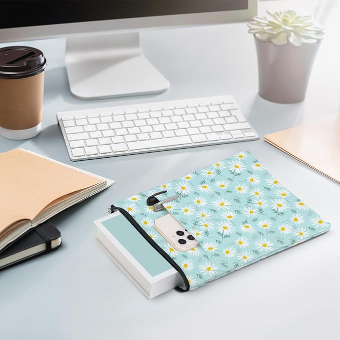 Daisy Pattern Book Lovers Gifts Waterproof Book Sleeve Book Pouch Book Protector with Zipper and Front Pocket BookCover Case for Women Girl Readers Librarian Book Accessories Book Club Gifts