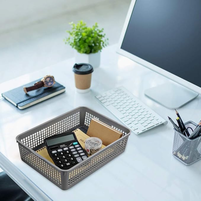 A4 Size Plastic Basket, Desktop File Storage Organization Tray, Set of 6 (Grey)