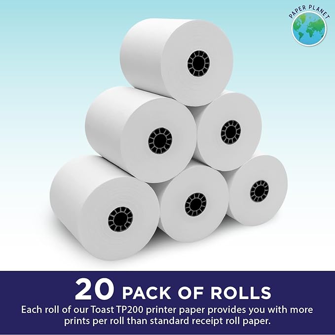 Thermal Paper for Toast POS (Toast TP200 Thermal Printer) by Paper Planet | Credit Card Machine Receipt Paper for Toast TP200 Terminal Printer | 20 Rolls