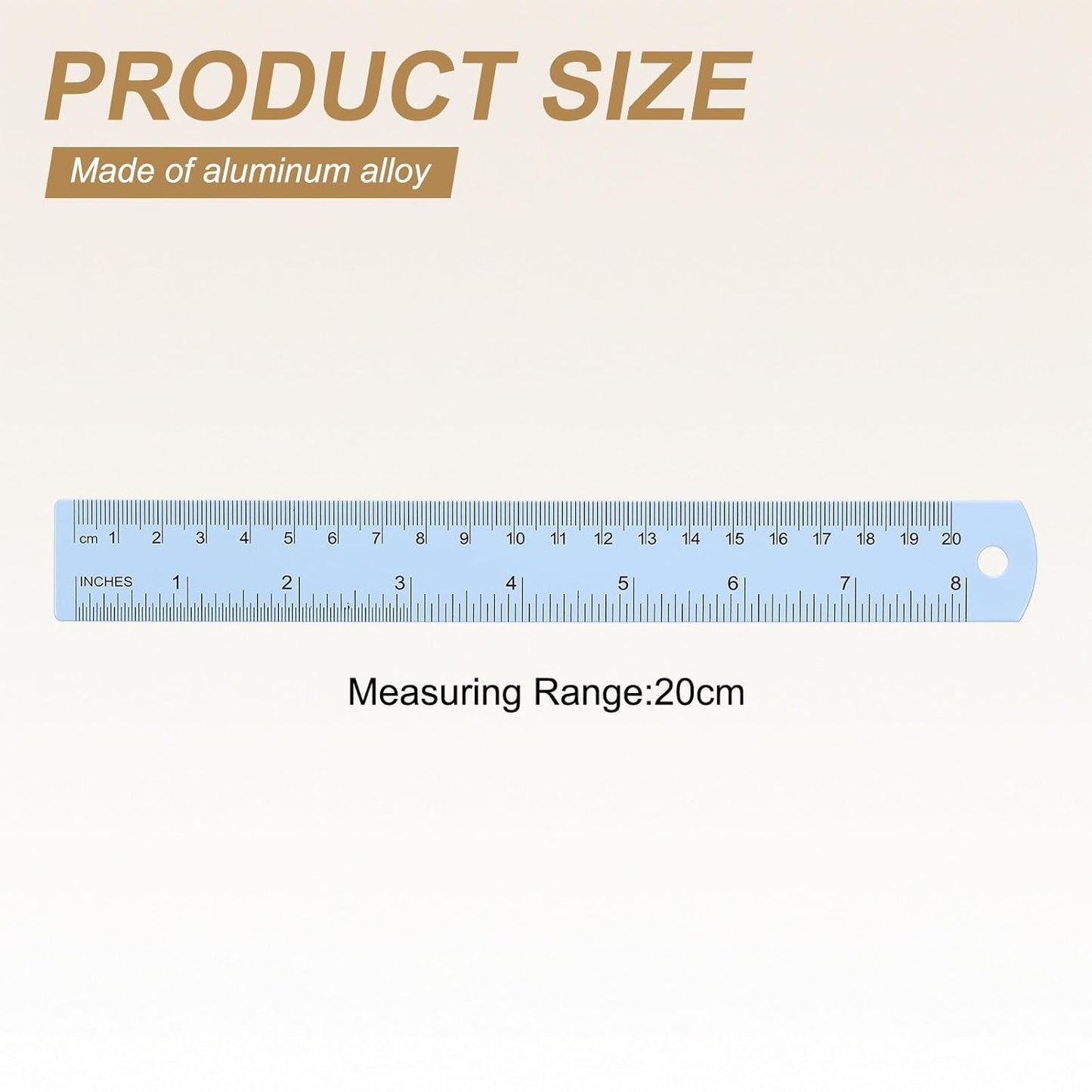 HARFINGTON 2pcs Metal Straight Ruler 20cm Metric SAE Aluminum Alloy Measuring Rulers Scale Tool with Hole for Measure Study Reading Classroom Office, Light Blue