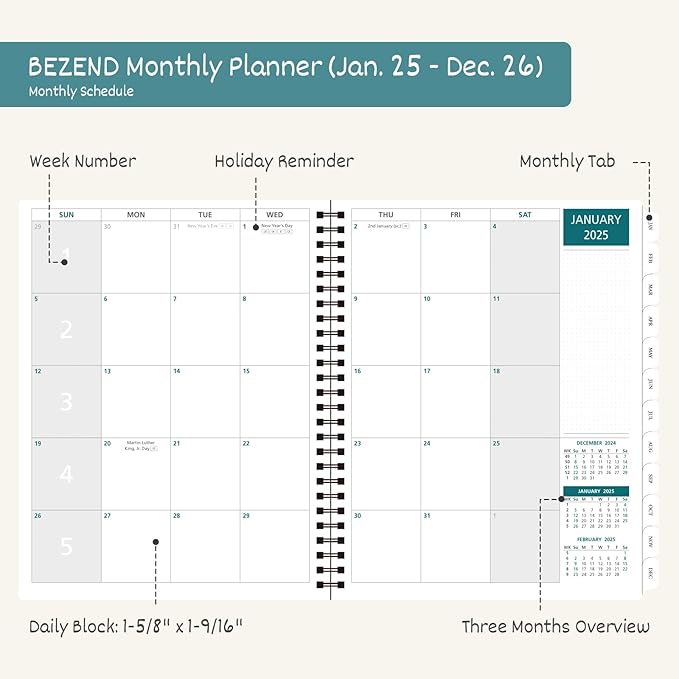 BEZEND 2 Year Monthly Planner 2025-2026 Medium Size 7" x 9" (Jan 2025 - Dec 2026) Spiral Calendar Book with Tabs, 120 GSM Thick Paper, Storage Pockets & Notes, PU Leather Softcover in Kiwi