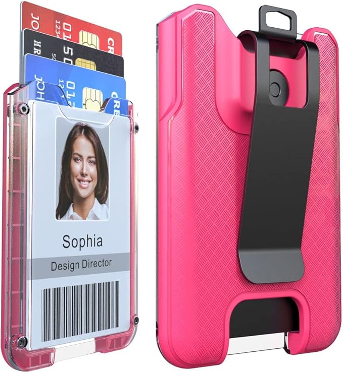 LIUGX Badge Holder, ID Card Holder with Metal Clip - Durable Polycarbonate (Holds 1 to 4 Cards), Portable Wallet for Office, Laborer, Police, Work, Hot Pink
