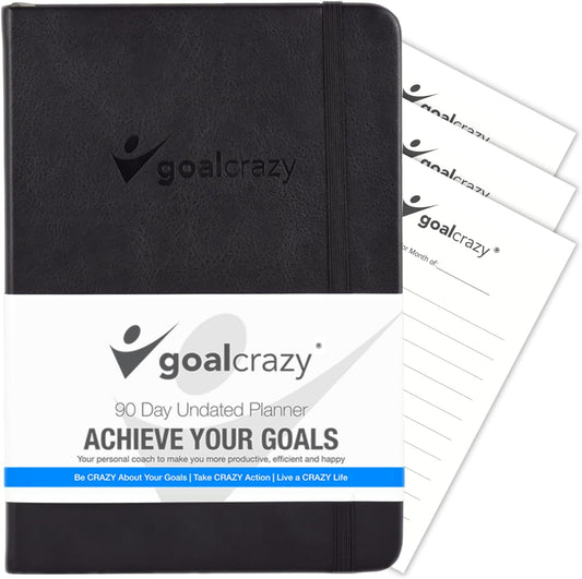 Undated Planner - 90 Day Guided Journal, 2024 2025 Weekly Organization, Productivity Habit Tracker, Inspirational, Life Setting, Leather, Almond Pages (black)