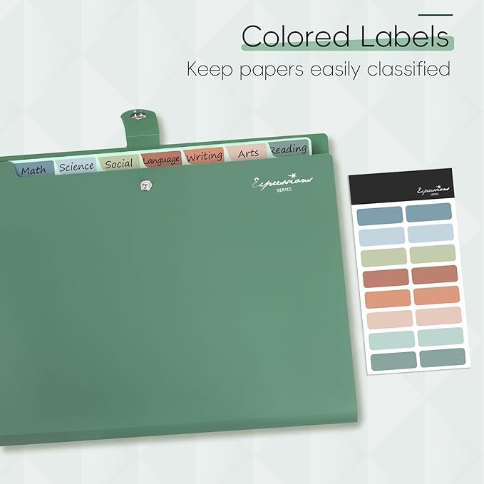 Sooez Elegant Accordion File Organizer with Labels, 8 Pocket Expanding File Folder, Portable Folders for Documents, Cute Paper Organizer for School Office Supplies, Letter Size, Light Green