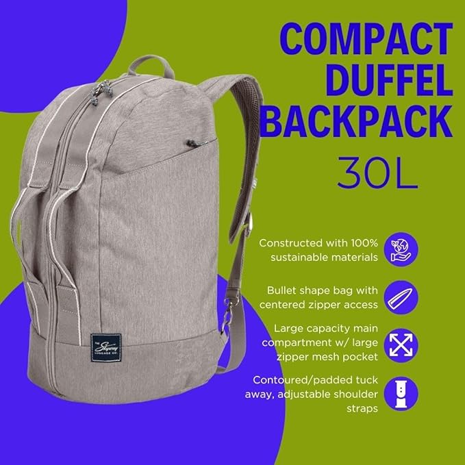 Skyway Luggage Rainier Compact Duffel Backpack, Eco-Friendly, Made of 100% rPET Travel Laptop Bag for Women & Men, Flight Approved Carry On Bag, 30L, Zion Gray