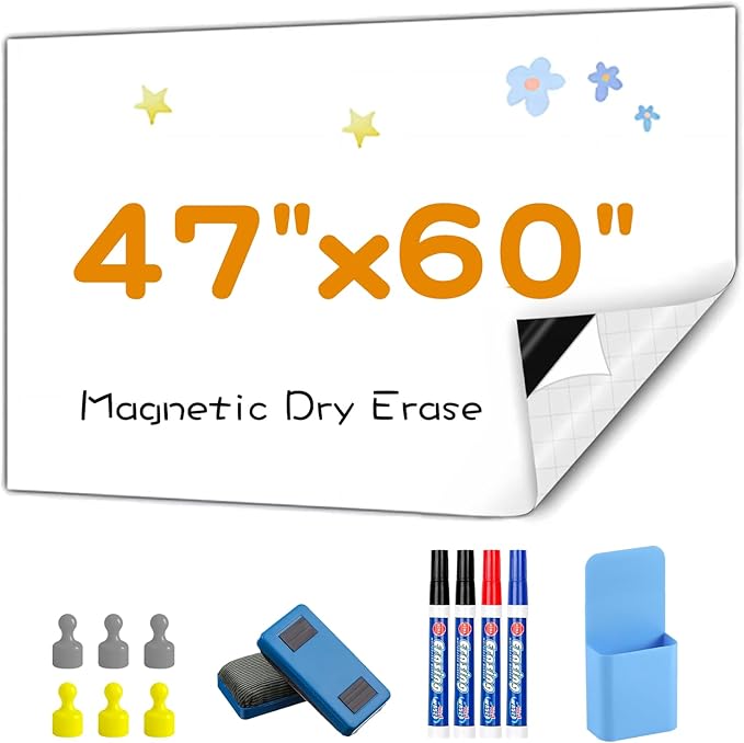 Dry Erase Adhesive Whiteboard Paper, 47" x 60" Stick on Magnetic Contact White Board Sticker on Wall for School, Office, Kitchen Fridge, Kids Drawing