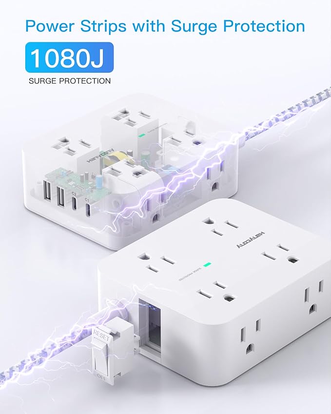 PD 30W USB C Power Strip 15Ft, 8 Outlets Surge Protector 4 USB Fast Charger (2 USB C Ports), 1080J Desk Charging Station for Multiple Devices, Flat Plug Extension Cord for College Dorm Room Essentials