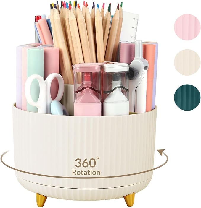 SKYDUE 360 Degree Rotating Desk Organizer, Dual-Purpose Pencil Pen Holder for Desk, Rotating Desk Pen Organizer with 5 Slots, Pencil Cup for Office, School, Home Beige